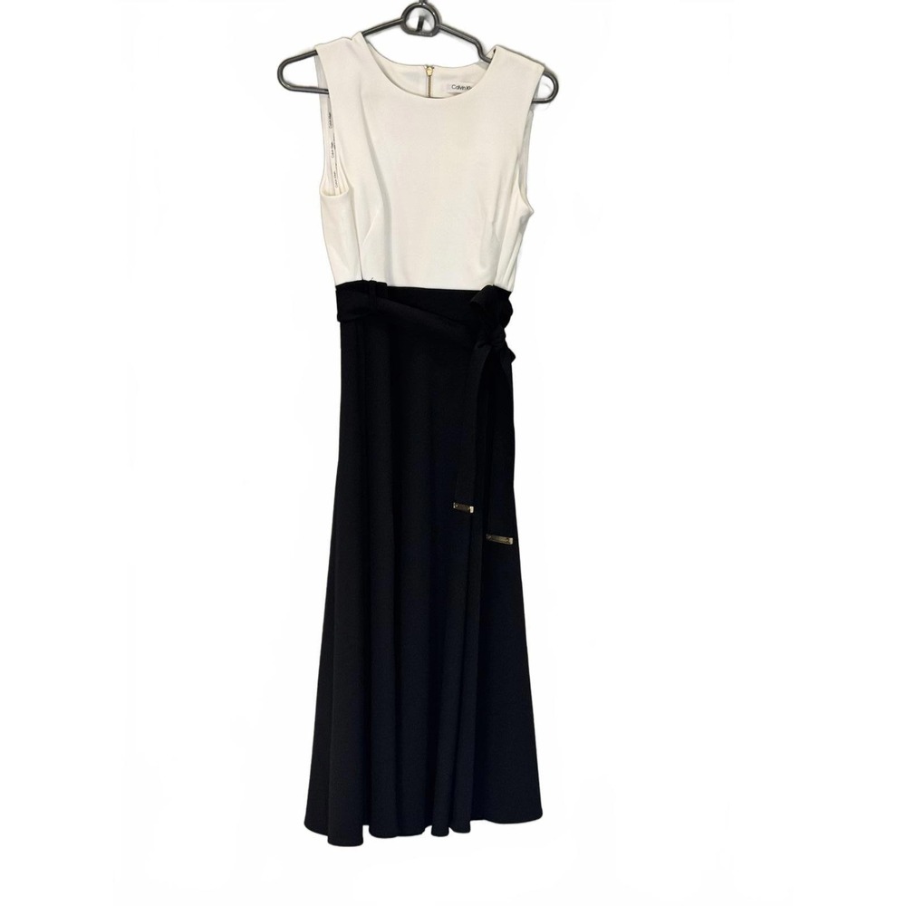 Calvin Klein Sleeveless Black and White Belted A-Line Dress